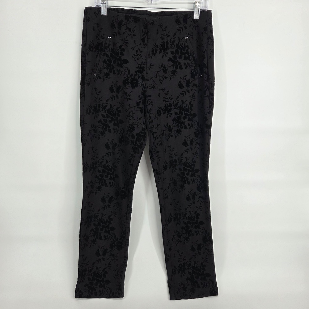 Chico's Floral Flocked Pull On Pants Size 1R 8 Black Gothic Victorian Party